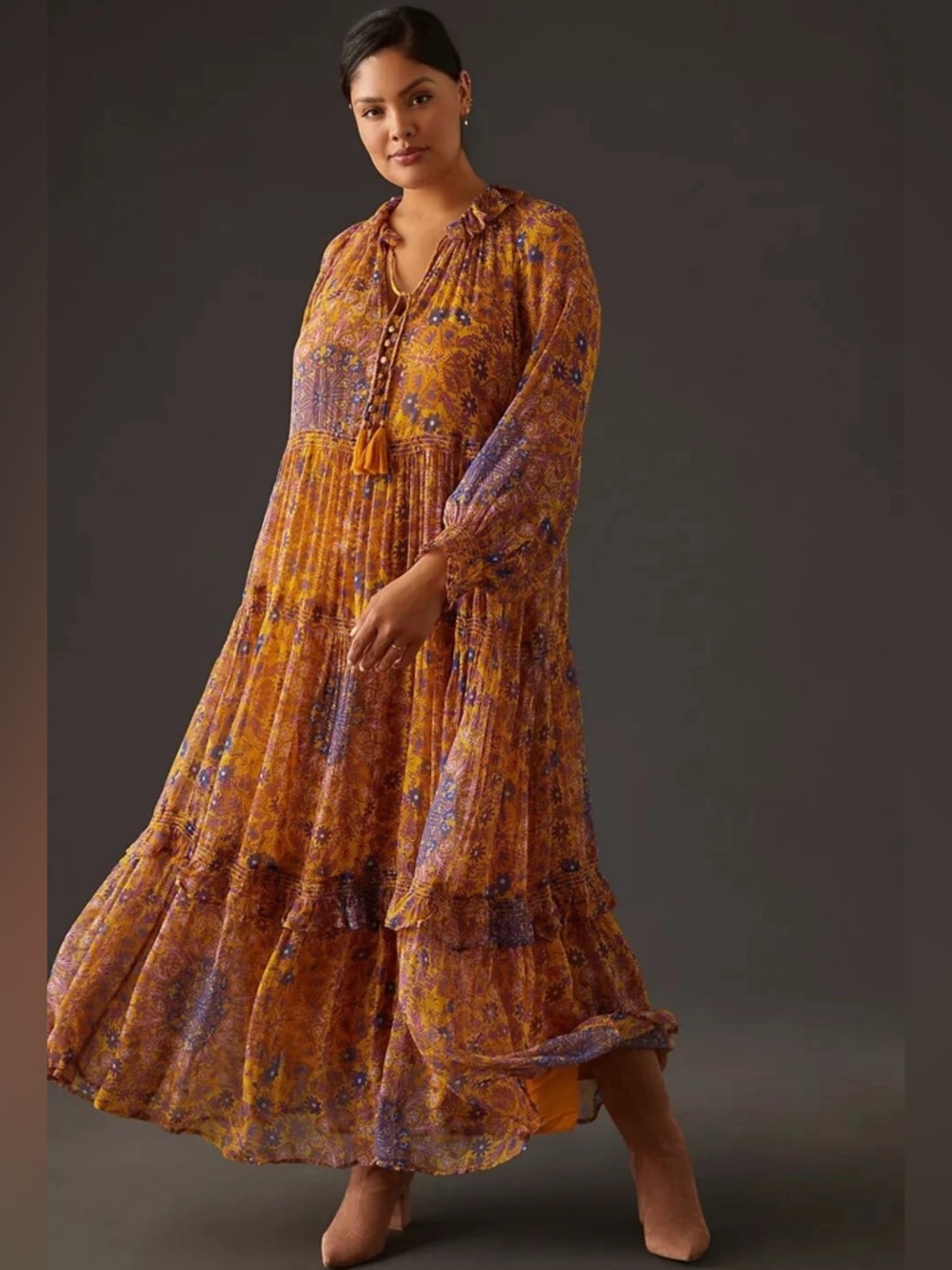 Anthropologie Mustard & Purple Floral Tiered Maxi Dress